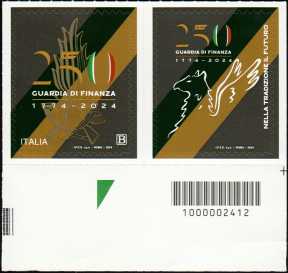 Corpo della Guardia di Finanza - 250° Anniversario della istituzione - francobollo  + chiudilettera con codice a barre n° 2412  in BASSO a destra