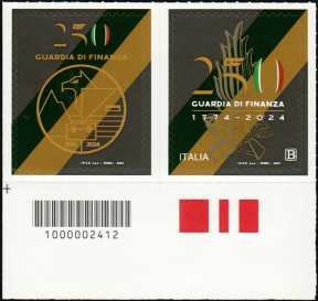 Corpo della Guardia di Finanza - 250° Anniversario della istituzione - francobollo  + chiudilettera con codice a barre n° 2412  in BASSO a sinistra
