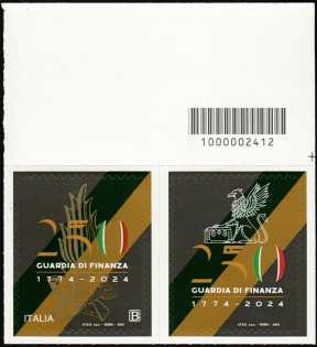 Corpo della Guardia di Finanza - 250° Anniversario della istituzione - francobollo  + chiudilettera con codice a barre n° 2412  in ALTO a destra