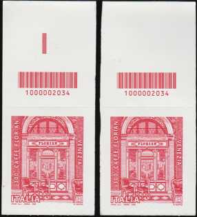 Eccellenze del sistema produttivo ed economico  - Caffé Florian - 300° Anniversario di attività - coppia di francobolli con codice a barre n° 2034 in ALTO destra-sinistra