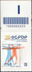 25° Anniversario della istituzione del Garante per la Protezione dei Dati Personali - francobollo con codice a barre n° 2225 in  ALTO a sinistra