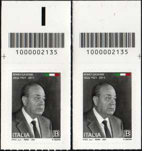 Remo Gaspari - Centenario della nascita - coppia di francobolli con codice a barre n° 2135  in ALTO destra-sinistra