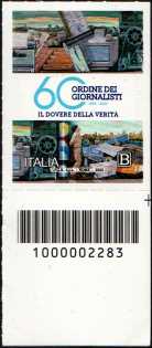 Ordine dei Giornalisti - 60° Anniversario della istituzione - francobollo con codice a barre n° 2283 in BASSO a destra 