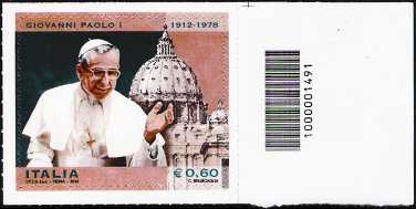 Italia 2012 - Centenario della nascita di Papa Giovanni Paolo I  - codice a barre n° 1491