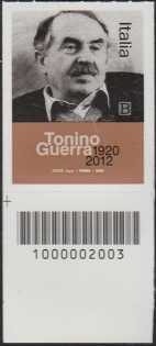 Le Eccellenze italiane dello spettacolo :Tonino Guerra - Centenario della nascita - francobollo con codice a barre n° 2003 in BASSO a sinistra