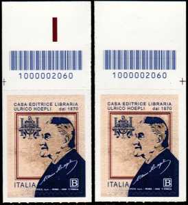 Casa editrice libraria Ulrico Hoepli S.p.A. - 75° della fondazione - coppia di francobolli con codice a barre n° 2060 in ALTO sinistra-destra