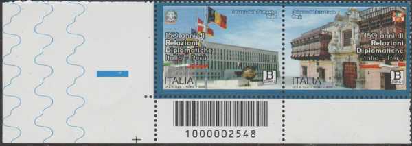 Relazioni diplomatiche tra Italia e Perù - 150° anniversario - francobollo con codice a barre  n°  2548   in  BASSO  a  sinistra