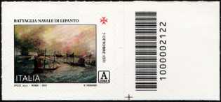 450° Anniversario della battaglia di Lepanto - francobollo con codice a barre n° 2122 a DESTRA in basso