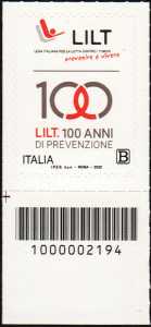 LILT : Lega Italiana per la Lotta contro i Tumori - Centenario della fondazione - francobollo con codice a barre n° 2194 IN  BASSO a sinistra
