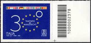 Trattato di Maastricht - 30° anniversario della entrata in vigore - francobollo con codice a barre n° 2378 a DESTRA in basso