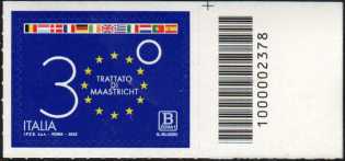 Trattato di Maastricht - 30° anniversario della entrata in vigore - francobollo con codice a barre n° 2378 a DESTRA in alto