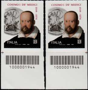V° Centenario della nascita di Cosimo I de' Medici - coppia di francobolli con codice a barre n° 1944 in BASSO destra-sinistra