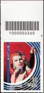 Le eccellenze italiane dello spettacolo :  Milva - francobollo con codice a barre n° 2260 in  ALTO a destra