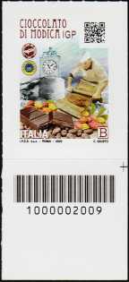 Cioccolato di Modica  I.G.P. - francobollo con codice a barre n° 2009 in BASSO a destra
