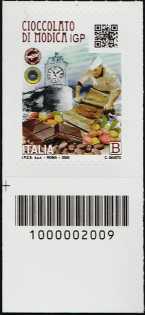 Cioccolato di Modica  I.G.P. - francobollo con codice a barre n° 2009 in BASSO a sinistra