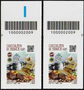 Cioccolato di Modica  I.G.P. - coppia di francobolli con codice a barre n° 2009 in ALTO destra-sinistra