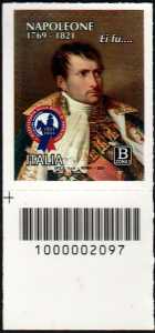 Bicentenario della morte di Napoleone Bonaparte - francobollo con codice a barre n° 2097 in BASSO a sinistra