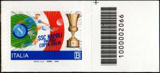 S.S. Napoli Calcio S.p.A. - Vincitrice della Coppa Italia 2020 - francobollo con codice a barre n° 2066 a DESTRA in alto