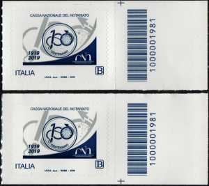 Cassa Nazionale del Notariato - Centenario della costituzione - coppia di francobolli con codice a barre n° 1981 a DESTRA alto-basso
