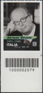 Adriano Olivetti - 60° Anniversario della scomparsa - francobollo con codice a barre n° 2079 in BASSO a destra