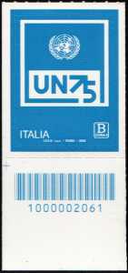 O.N.U.  - Organizzazione delle Nazioni Unite - 75° della fondazione - francobollo con codice a barre n° 2061 in BASSO a sinistra