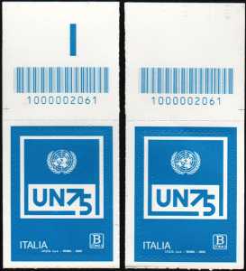 O.N.U.  - Organizzazione delle Nazioni Unite - 75° della fondazione - coppia di francobolli con codice a barre n° 2061 in ALTO sinistra-destra
