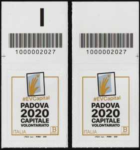 Padova Capitale Europea del Volontariato 2020 - coppia di francobolli con codice a barre n° 2027 in ALTO destra-sinistra