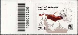 Niccolò Paganini - 240° Anniversario della nascita - francobollo con codice a barre n° 2230 a SINISTRA in alto