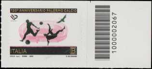 Palermo Football Club S.p.A. - 120° Anniversario della fondazione - francobollo con codice a barre n° 2067 a DESTRA  in alto