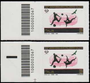 Palermo Football Club S.p.A. - 120° Anniversario della fondazione - coppia di francobolli con codice a barre n° 2067 a SINISTRA alto-basso