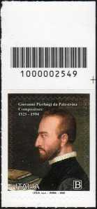 Giovanni Pierluigi da Palestrina : compositore - V° centenario della nascita - francobollo con codice a barre n° 2549  in  ALTO  a  destra