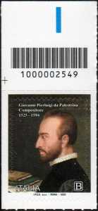 Giovanni Pierluigi da Palestrina : compositore - V° centenario della nascita - francobollo con codice a barre n° 2549  in  ALTO  a  sinistra