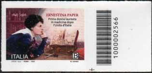 Ernestina Paper - prima donna laureata in medicina e chirurgia in Italia -francobollo con codice a barre n° 2566  a  DESTRA  in  basso