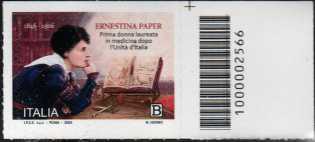 Ernestina Paper - prima donna laureata in medicina e chirurgia in Italia -francobollo con codice a barre n° 2566  a  DESTRA  in  alto