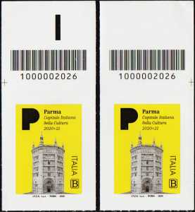 Parma - Capitale italiana della Cultura 2020 - coppia di francobolli con codice a barre n° 2026 in ALTO destra-sinistra