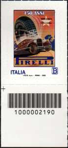 Pirelli S.p.A. - 150° Anniversario della fondazione - francobollo con codice a barre n° 2190 in BASSO a sinistra