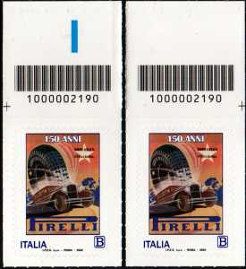Pirelli S.p.A. - 150° Anniversario della fondazione - coppia di francobolli con codice a barre n° 2190 IN  ALTO  destra-sinistra
