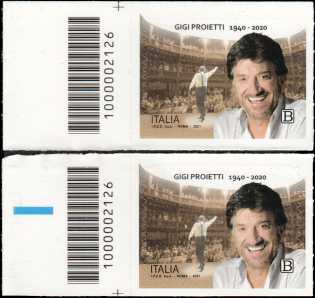 Le Eccellenze italiane dello spettacolo   :  Gigi Proietti - coppia di francobolli con codice a barre n° 2126 a SINISTRA alto basso