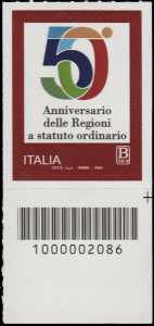 Regioni a Statuto Speciale - 50° Anniversario della istituzione - francobollo con codice a barre n° 2086 in BASSO a destra
