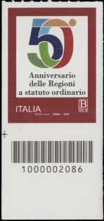 Regioni a Statuto Speciale - 50° Anniversario della istituzione - francobollo con codice a barre n° 2086 in BASSO a sinistra