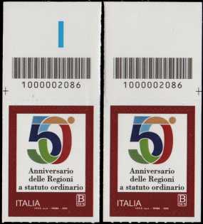 Regioni a Statuto Speciale - 50° Anniversario della istituzione - coppia di francobolli con codice a barre n° 2086 in ALTO sinistra-destra