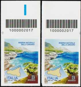 Riserva Naturale dello Zingaro - Sicilia - coppia di francobolli con codice a barre n° 2017 in ALTO destra-sinistra