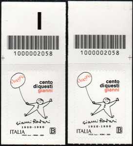 Gianni Rodari - Centenario della nascita - coppia di francobolli con codice a barre n° 2058 in ALTO destra-sinistra