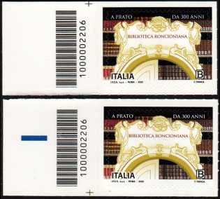 Biblioteca Roncioniana - III° Centenario della fondazione - coppia di francobolli con codice a barre n° 2206 a SINISTRA alto-basso