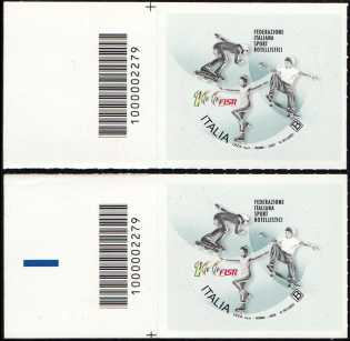 Lo Sport - FISR - Federazione Italiana Sport Rotellistici - Centenario della fondazione - coppia di francobolli con codice a barre n° 2279 a SINISTRA alto-basso