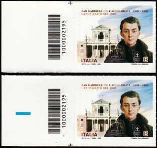 Il senso civico - San Gabriele dell'Addolorata - 160° Anniversario della scomparsa - coppia di francobolli con codice a barre n° 2195 a SINISTRA alto-basso