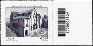 missione Italia n° 28 del 2017 " Patrimonio artistico e culturale italiano "  :   Basilica Pontificia di San Nicola - Bari quartina con codice a barre sul bordo  Clicca sull'immagi
