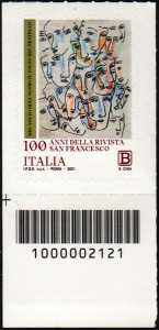 Centenario della pubblicazione della  rivista  'San Francesco Patrono d'Italia'  - francobollo con codice a barre n° 2121 in BASSO a sinistra