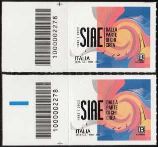 SIAE - Società Italiana degli Autori ed Editori -140° Anniversario della fondazione - coppia di francobolli con codice a barre n° 2278 a SINISTRA alto-basso