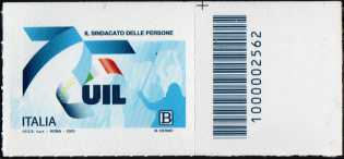 UIL - Unione Italiana Lavoratori - francobollo con codice a barre n° 2562 a  DESTRA  in  alto